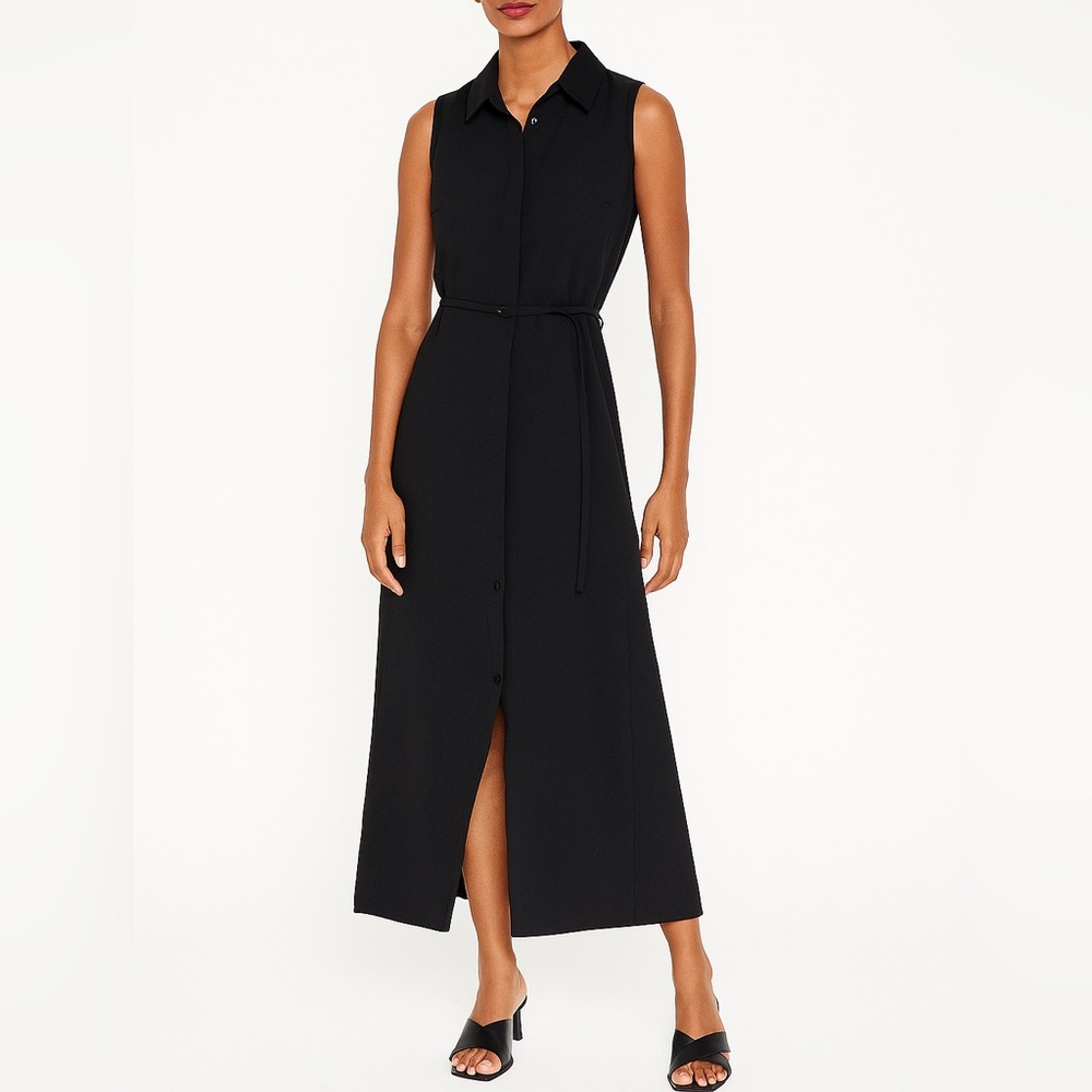 Ann Taylor Black Sleeveless Midi Shirt Dress with Tie
